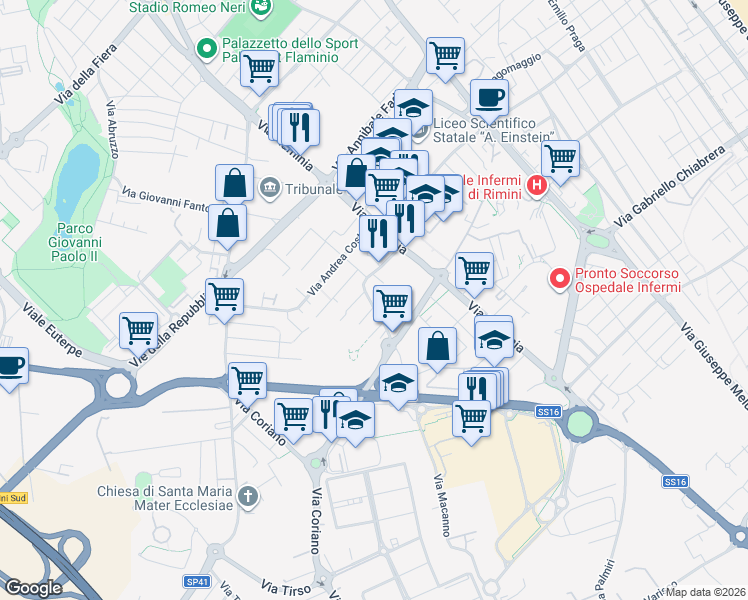 map of restaurants, bars, coffee shops, grocery stores, and more near 12 Via Macanno in Rimini