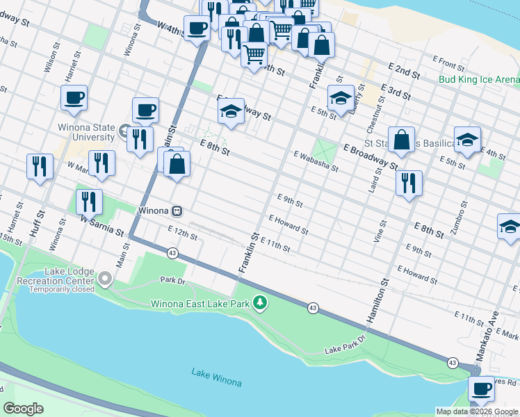 map of restaurants, bars, coffee shops, grocery stores, and more near 226 East 10th Street in Winona