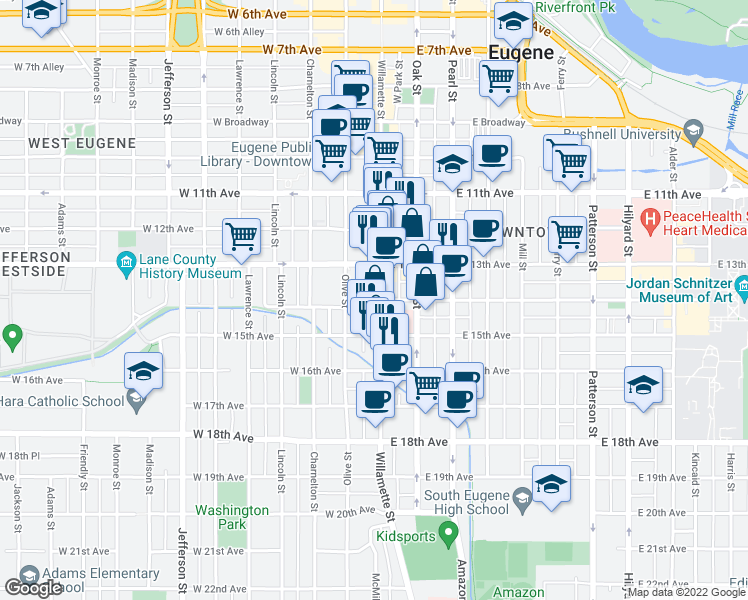 map of restaurants, bars, coffee shops, grocery stores, and more near 1388 Willamette Street in Eugene