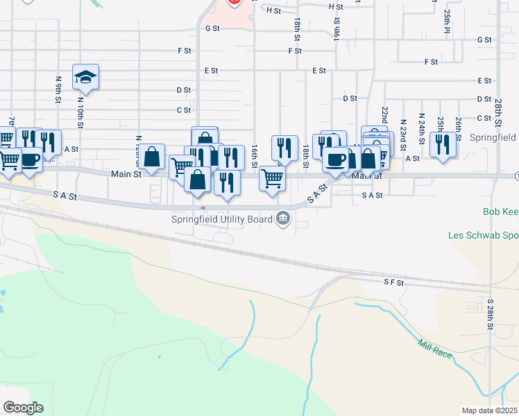 map of restaurants, bars, coffee shops, grocery stores, and more near South A Street in Springfield