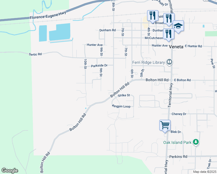map of restaurants, bars, coffee shops, grocery stores, and more near 87955 9th Street in Veneta