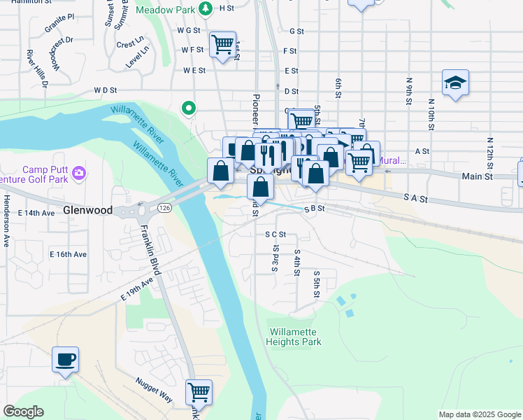 map of restaurants, bars, coffee shops, grocery stores, and more near 247 South 2nd Street in Springfield