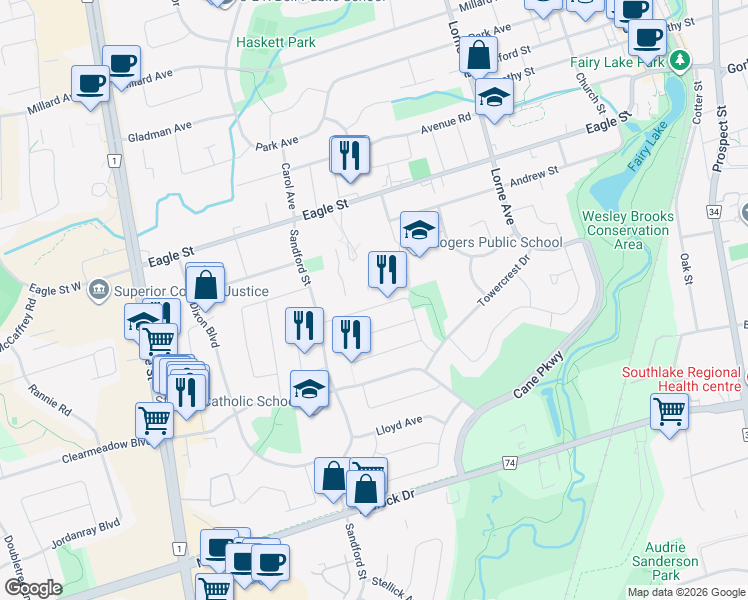 map of restaurants, bars, coffee shops, grocery stores, and more near 201 Hodgson Drive in Newmarket