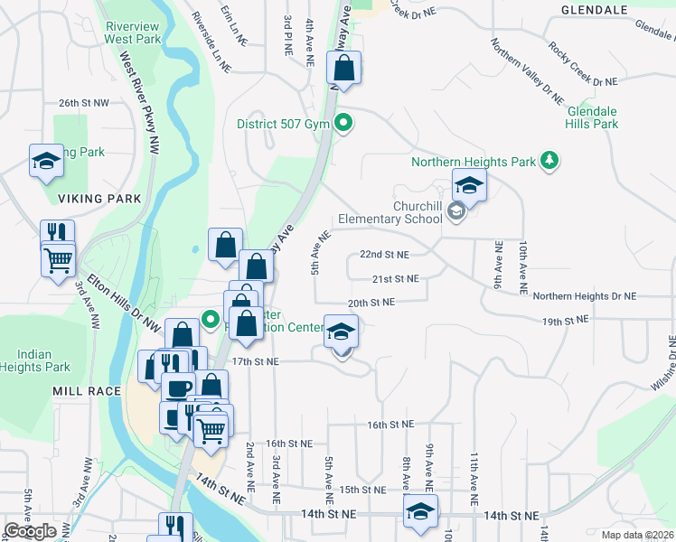 map of restaurants, bars, coffee shops, grocery stores, and more near 504 21st Street Northeast in Rochester