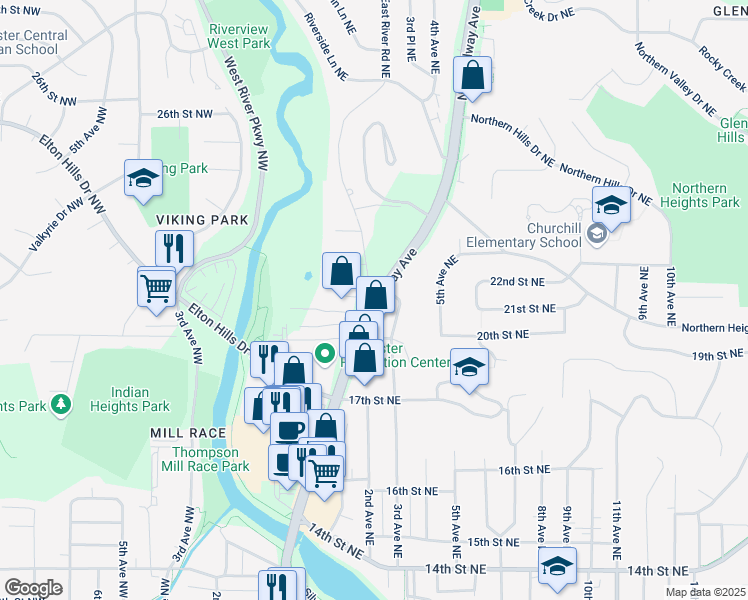 map of restaurants, bars, coffee shops, grocery stores, and more near 1943 3rd Avenue Northeast in Rochester
