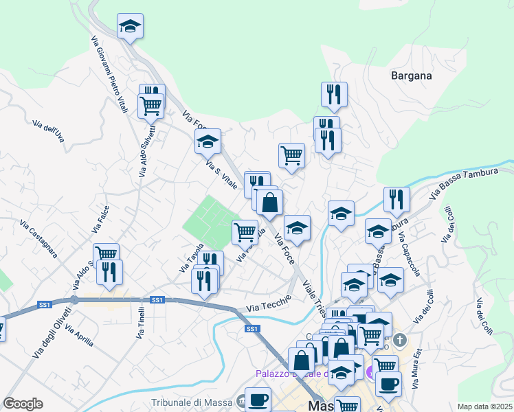 map of restaurants, bars, coffee shops, grocery stores, and more near 3 Via Frangola in Massa