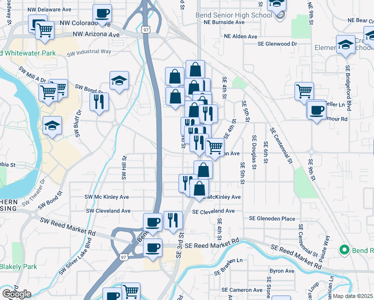 map of restaurants, bars, coffee shops, grocery stores, and more near 210 Southeast Wilson Avenue in Bend