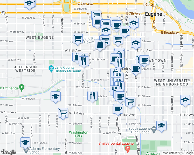 map of restaurants, bars, coffee shops, grocery stores, and more near 1382 Charnelton Street in Eugene