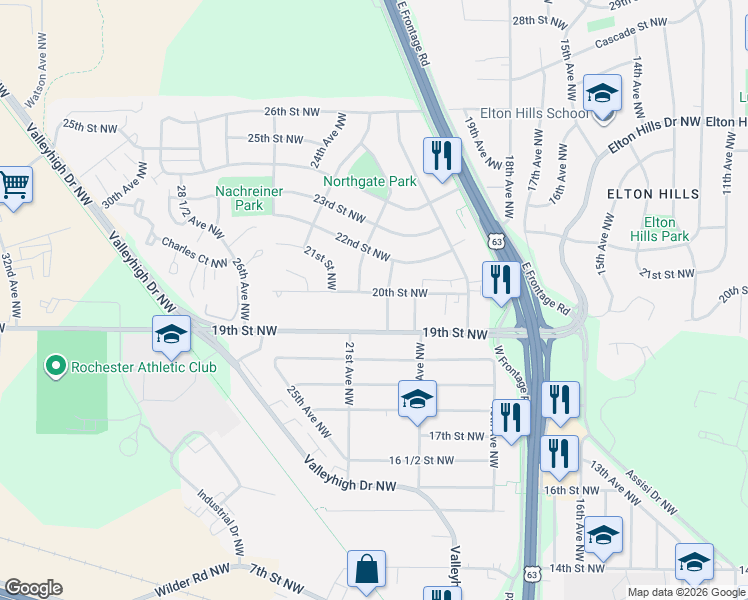 map of restaurants, bars, coffee shops, grocery stores, and more near 2010 20th Street Northwest in Rochester