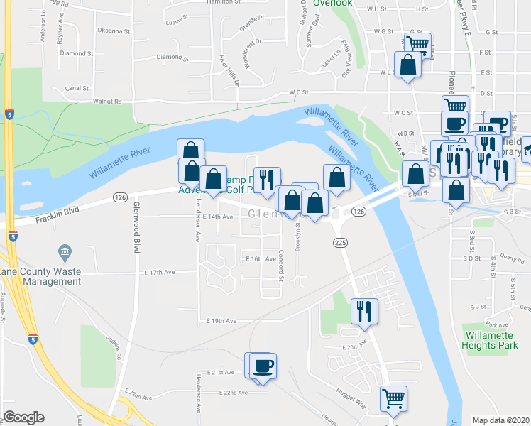 map of restaurants, bars, coffee shops, grocery stores, and more near 4055 Franklin Boulevard in Eugene