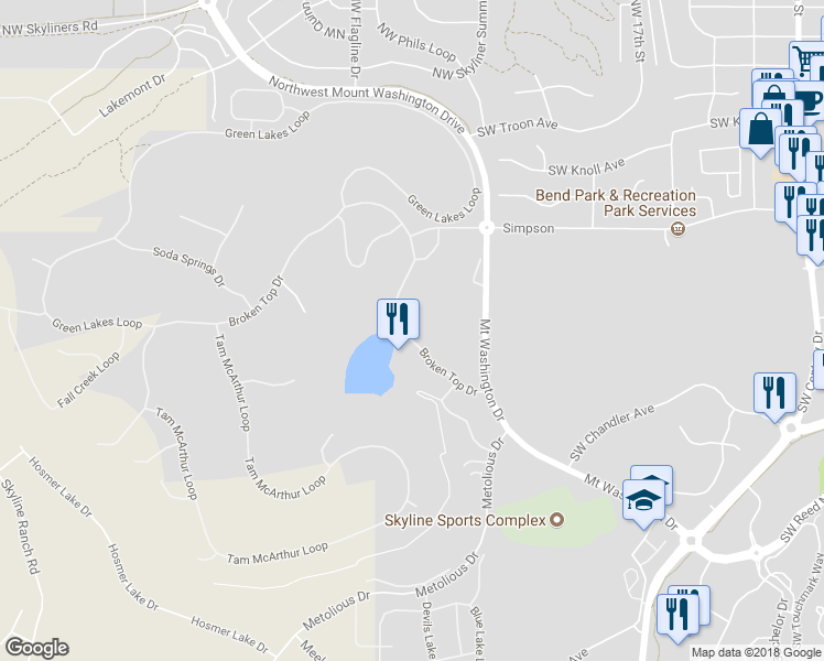 map of restaurants, bars, coffee shops, grocery stores, and more near 61933 Broken Top Drive in Bend