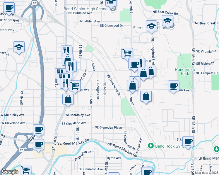 map of restaurants, bars, coffee shops, grocery stores, and more near 628 Southeast Wilson Avenue in Bend