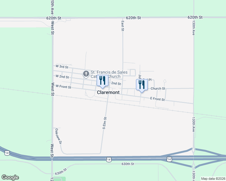 map of restaurants, bars, coffee shops, grocery stores, and more near 106 West Front Street in Claremont