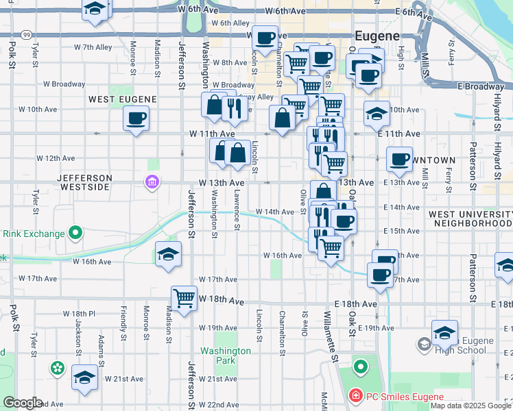 map of restaurants, bars, coffee shops, grocery stores, and more near 1382 Lincoln Street in Eugene