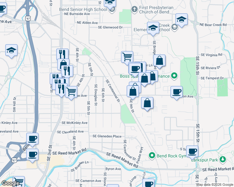 map of restaurants, bars, coffee shops, grocery stores, and more near 698 Southeast Centennial Street in Bend