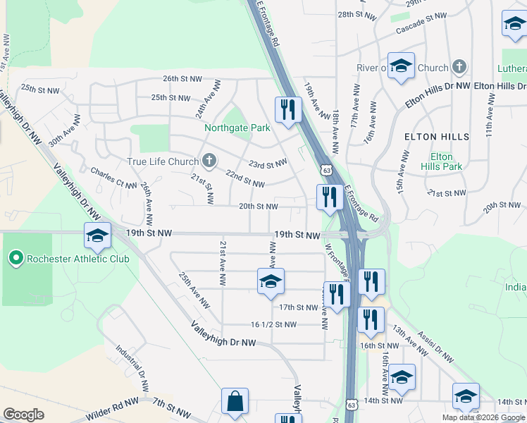 map of restaurants, bars, coffee shops, grocery stores, and more near 1929 19th Avenue Northwest in Rochester