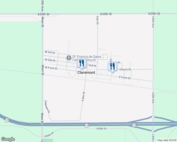 map of restaurants, bars, coffee shops, grocery stores, and more near 106 West Front Street in Claremont