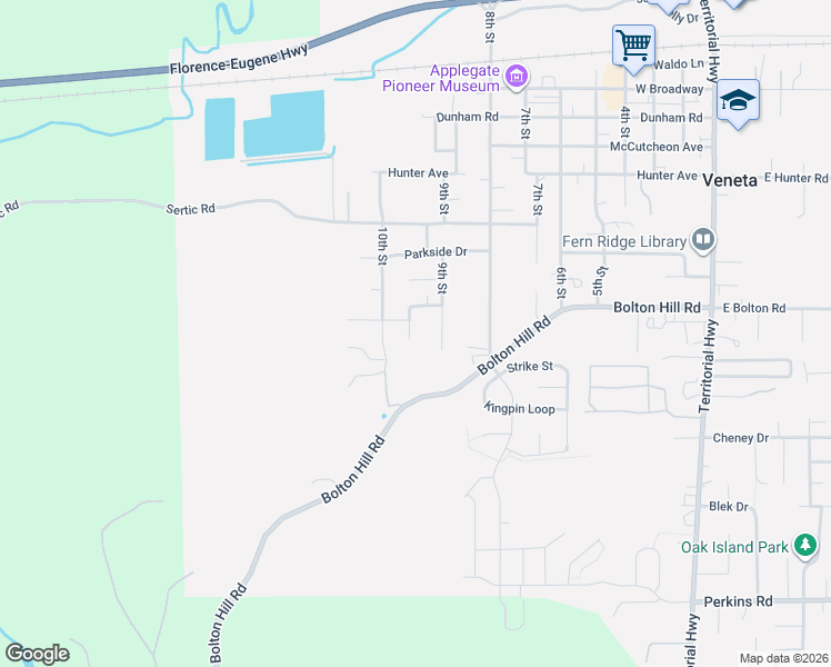 map of restaurants, bars, coffee shops, grocery stores, and more near 87953 Sherwood Street in Veneta