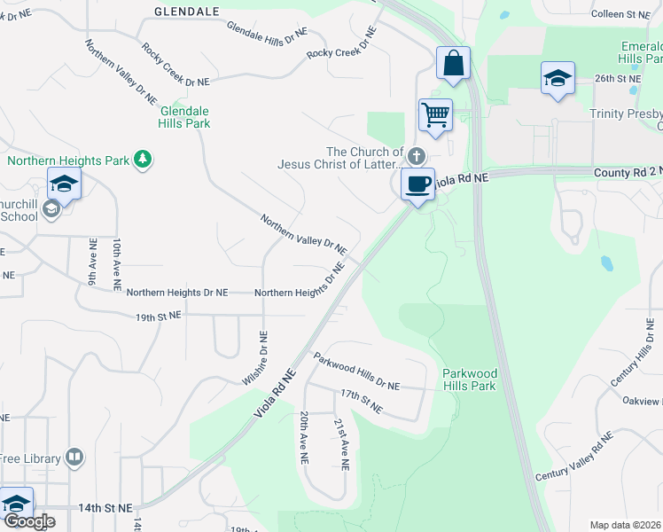 map of restaurants, bars, coffee shops, grocery stores, and more near 1815 Northern Heights Lane Northeast in Rochester