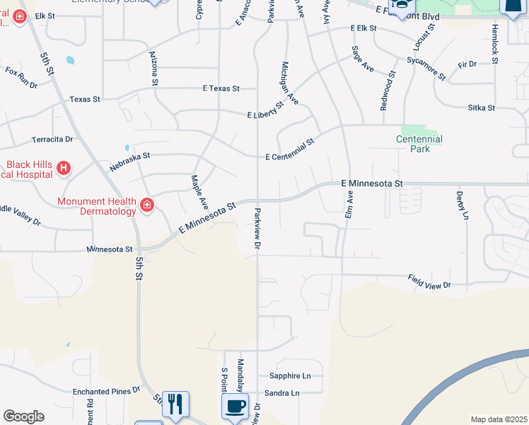 map of restaurants, bars, coffee shops, grocery stores, and more near 4116 Parkview Drive in Rapid City