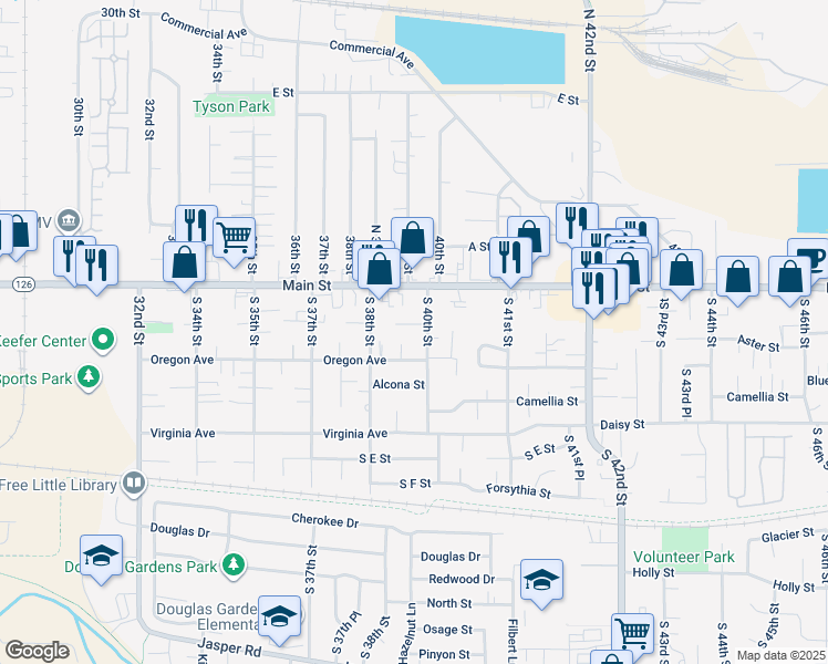 map of restaurants, bars, coffee shops, grocery stores, and more near 3969 Aster Street in Springfield