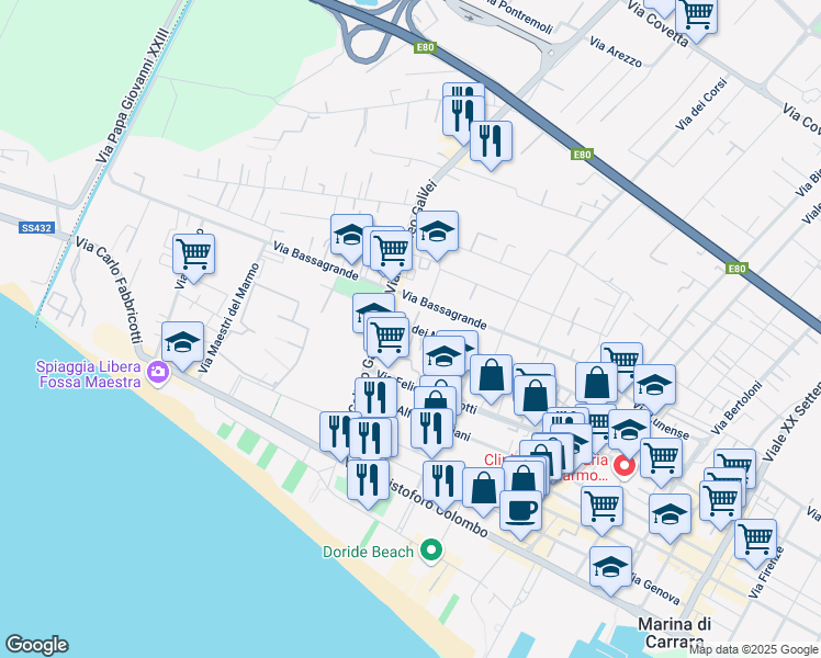 map of restaurants, bars, coffee shops, grocery stores, and more near 135 Via dei Mille in Marina di Carrara
