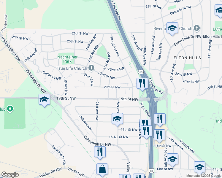 map of restaurants, bars, coffee shops, grocery stores, and more near 1928 20th Avenue Northwest in Rochester