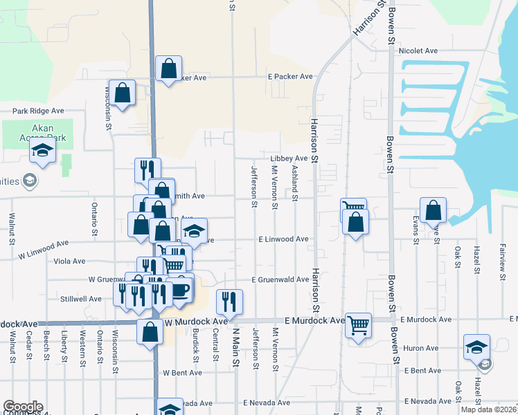 map of restaurants, bars, coffee shops, grocery stores, and more near 2216 Jefferson Street in Oshkosh