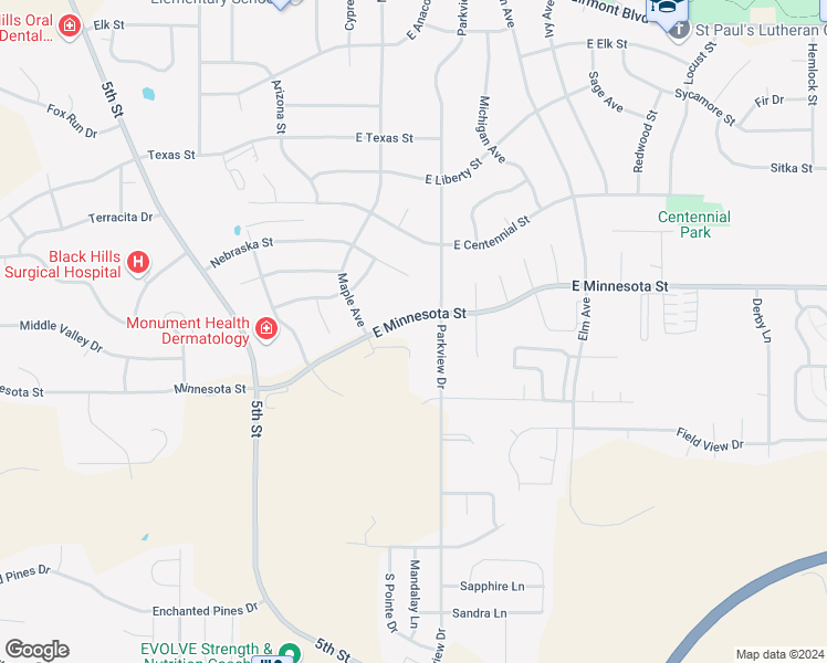 map of restaurants, bars, coffee shops, grocery stores, and more near 101 East Minnesota Street in Rapid City