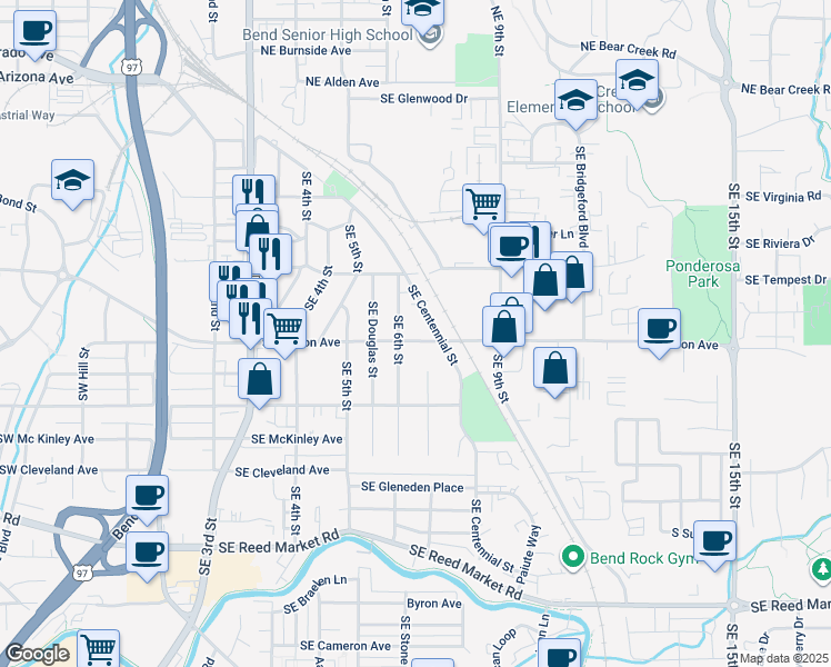 map of restaurants, bars, coffee shops, grocery stores, and more near 628 Southeast Wilson Avenue in Bend