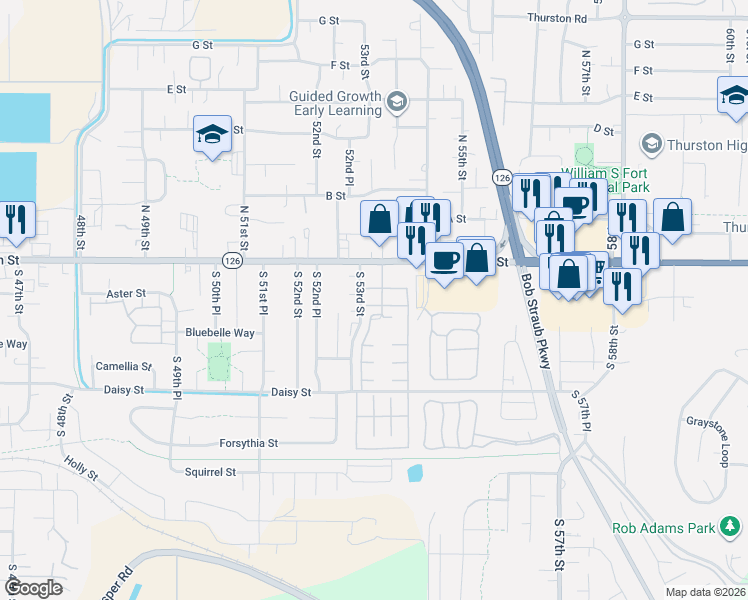 map of restaurants, bars, coffee shops, grocery stores, and more near Oak Court in Springfield