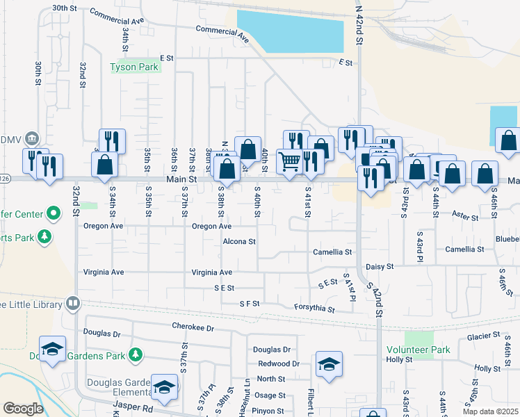 map of restaurants, bars, coffee shops, grocery stores, and more near 3969 Aster Street in Springfield