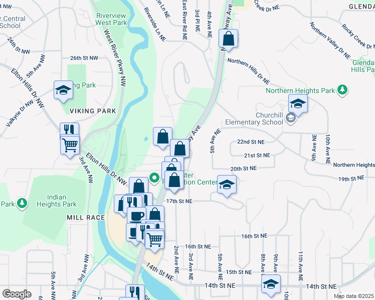 map of restaurants, bars, coffee shops, grocery stores, and more near 1943 3rd Avenue Northeast in Rochester