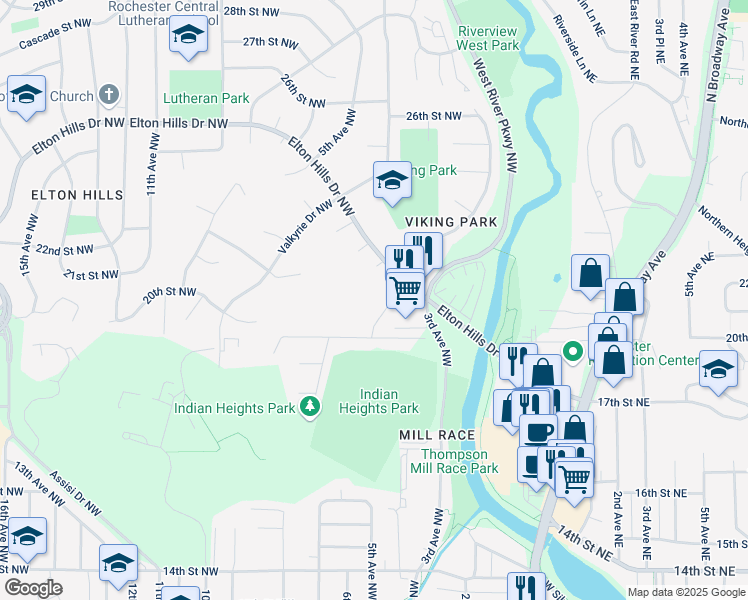 map of restaurants, bars, coffee shops, grocery stores, and more near 1923 Viking Drive Northwest in Rochester