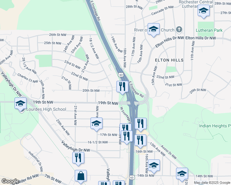 map of restaurants, bars, coffee shops, grocery stores, and more near 1930 18 1/2 Avenue Northwest in Rochester