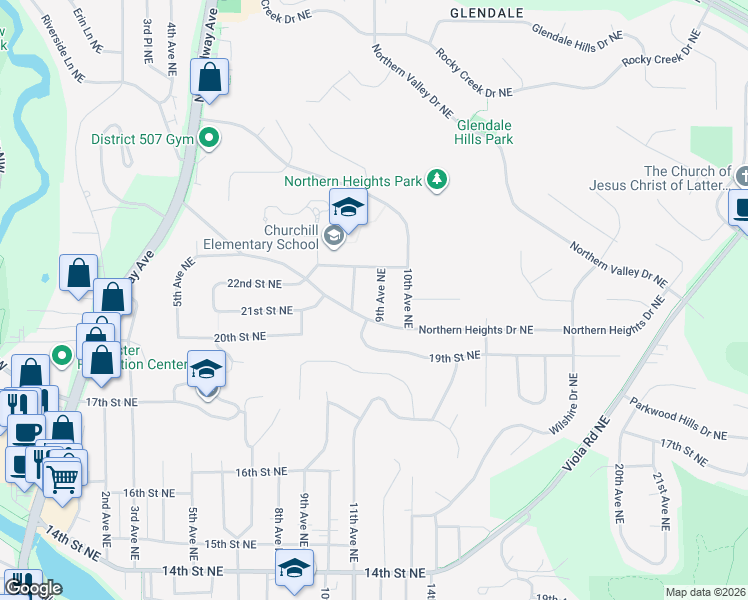 map of restaurants, bars, coffee shops, grocery stores, and more near 2119 9th Avenue Northeast in Rochester