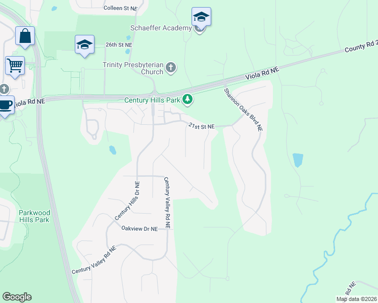 map of restaurants, bars, coffee shops, grocery stores, and more near 2056 Century View Lane Northeast in Rochester