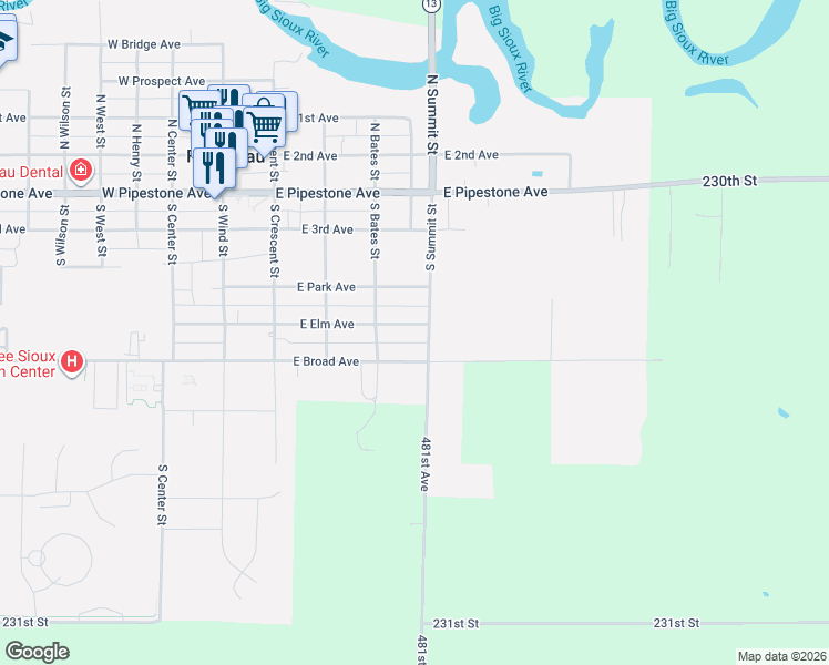 map of restaurants, bars, coffee shops, grocery stores, and more near 413 East Elm Avenue in Flandreau