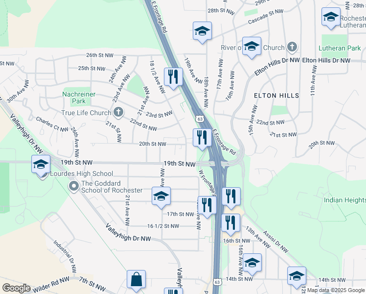 map of restaurants, bars, coffee shops, grocery stores, and more near 1852 20th Street Northwest in Rochester