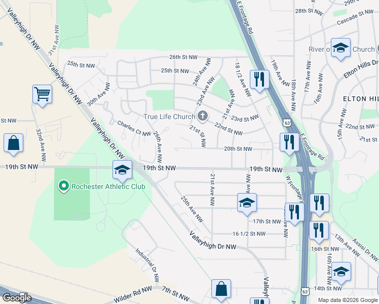 map of restaurants, bars, coffee shops, grocery stores, and more near 2306 20th Street Northwest in Rochester