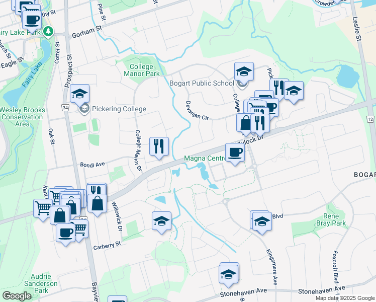 map of restaurants, bars, coffee shops, grocery stores, and more near 738 Firth Court in Newmarket