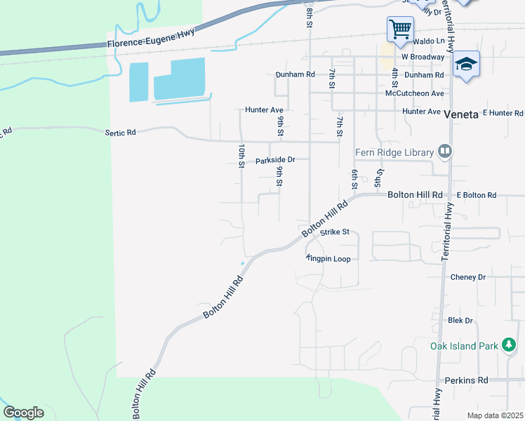 map of restaurants, bars, coffee shops, grocery stores, and more near 87953 Sherwood Street in Veneta