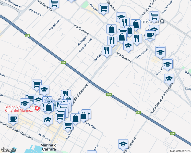 map of restaurants, bars, coffee shops, grocery stores, and more near 249A Viale XX Settembre in Carrara