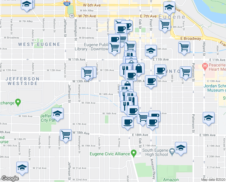 map of restaurants, bars, coffee shops, grocery stores, and more near 1376 Olive Street in Eugene