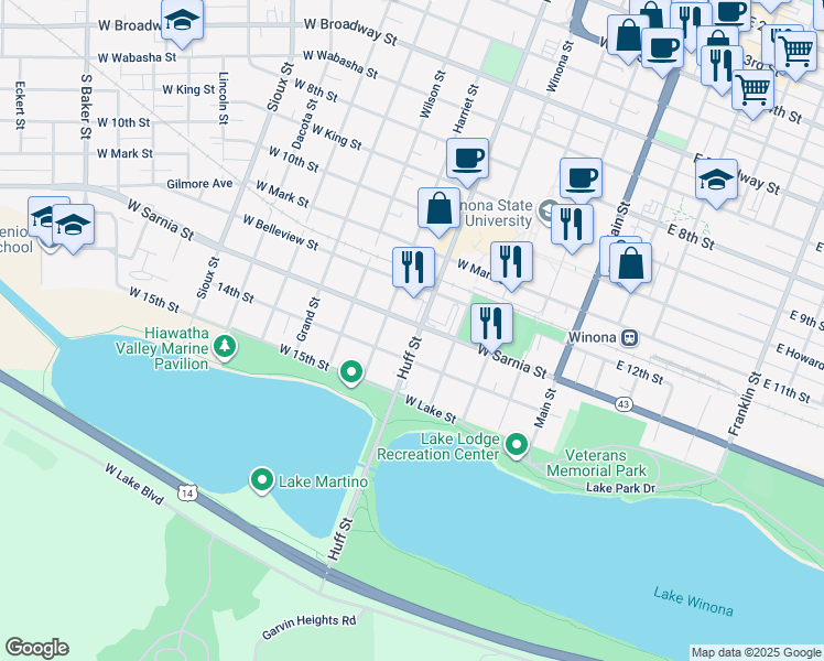 map of restaurants, bars, coffee shops, grocery stores, and more near 655 Huff Street in Winona