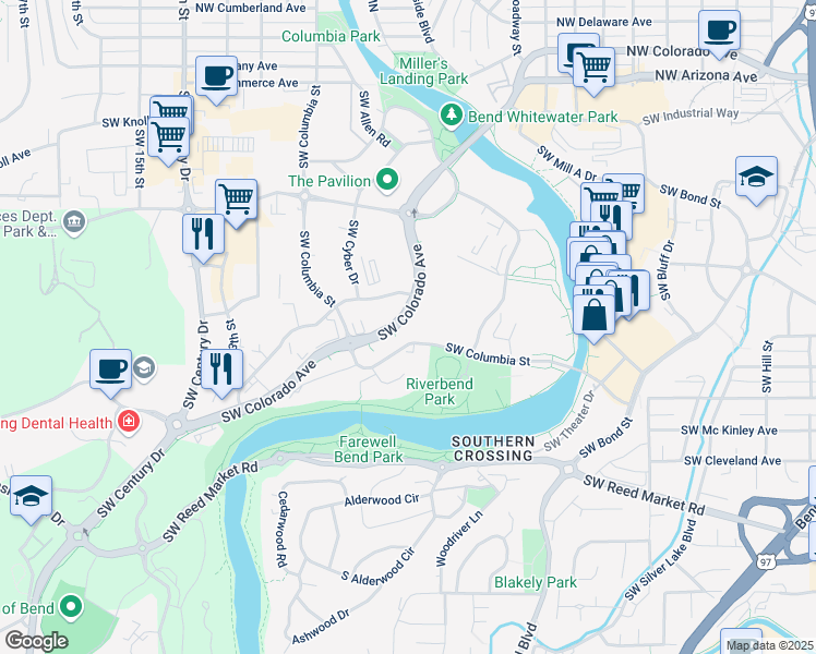 map of restaurants, bars, coffee shops, grocery stores, and more near 650 Southwest Columbia Street in Bend
