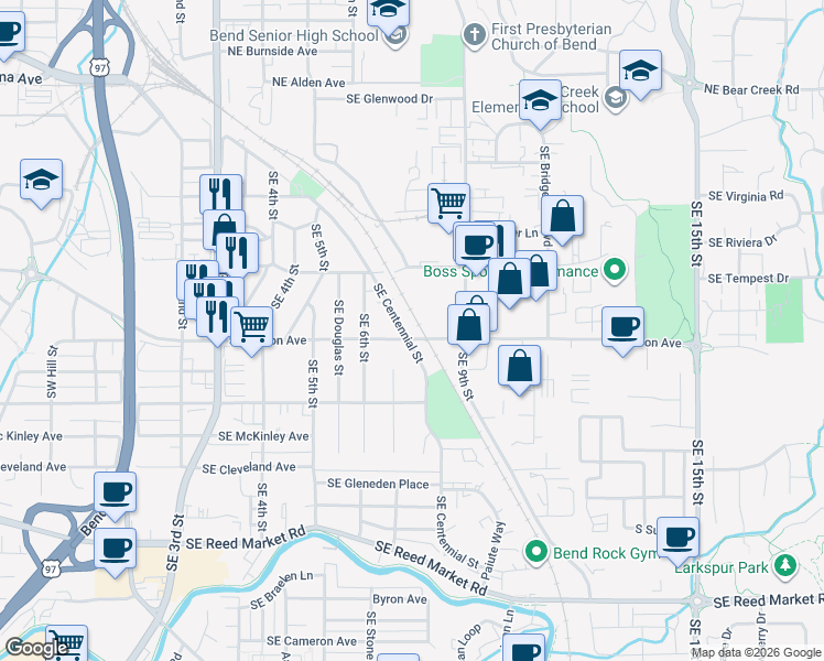 map of restaurants, bars, coffee shops, grocery stores, and more near 696 Southeast Centennial Street in Bend