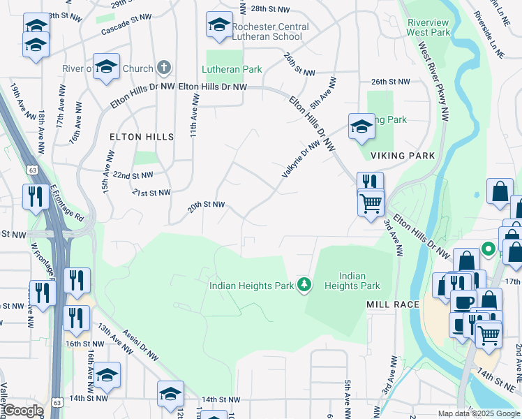 map of restaurants, bars, coffee shops, grocery stores, and more near 2018 Valkyrie Drive Northwest in Rochester
