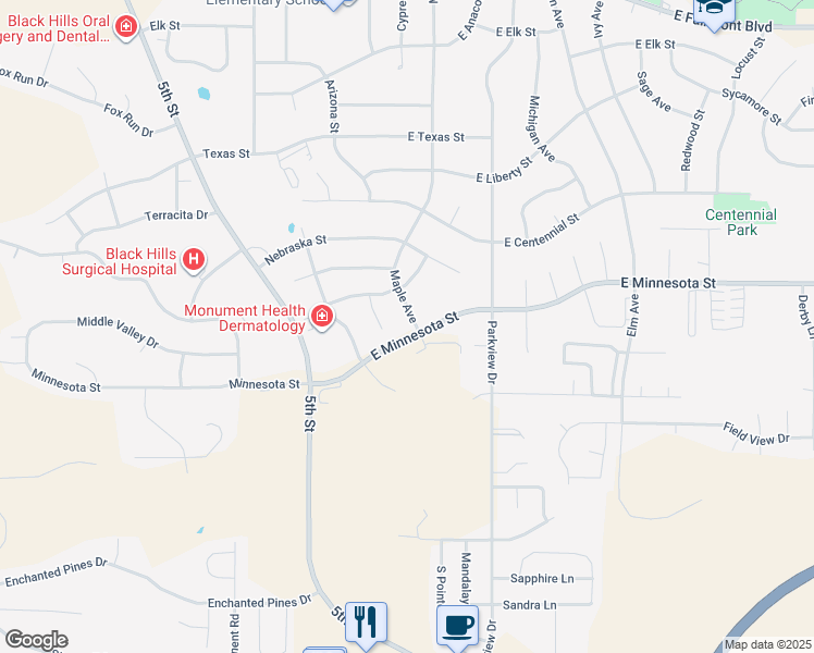 map of restaurants, bars, coffee shops, grocery stores, and more near 4023 Maple Avenue in Rapid City
