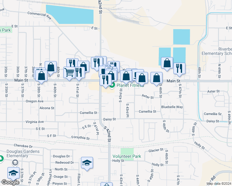 map of restaurants, bars, coffee shops, grocery stores, and more near 4268 Aster Street in Springfield